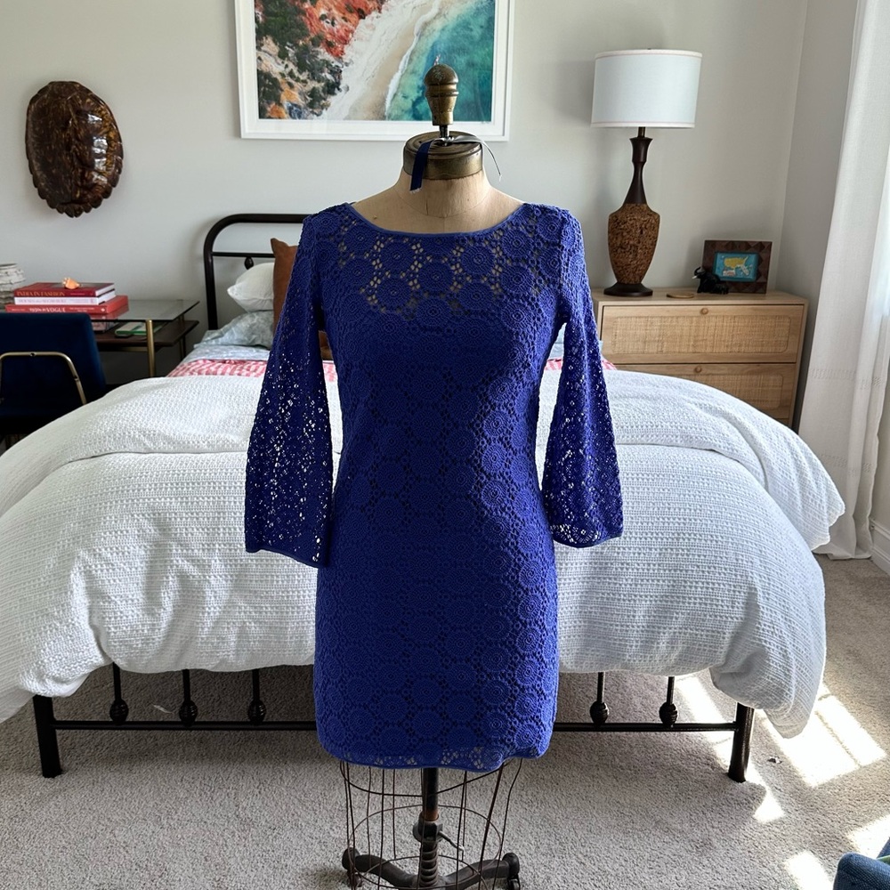 Lilly Pulitzer Topanga Iris Blue Breakers Crochet Knit Lace Dress, XS EUC